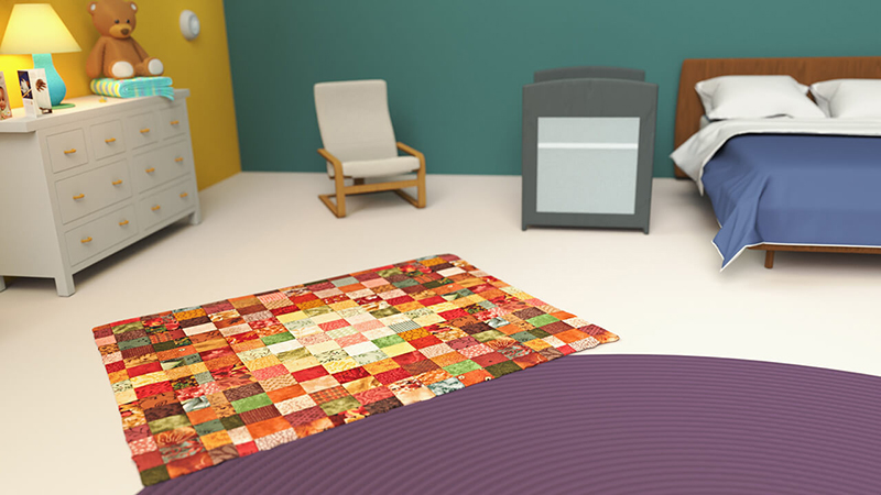 The low-angled view of the room shows a checkered quilt on the floor, with a chest of drawers, chair, crib, and adult bed in the background.