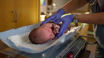 A nurse carefully positions a newborn baby on a scale.